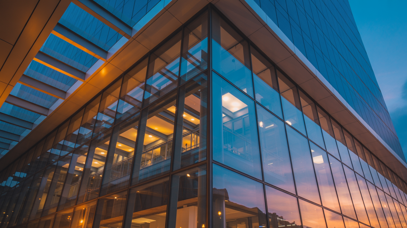 Modern glass building at dusk with warm lighting for call to action
